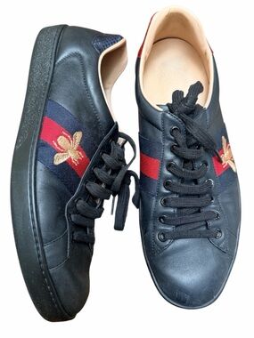 GUCCI Black Leather Ace Bee Embroidered Web Low Top Sneakers Mens Size 8